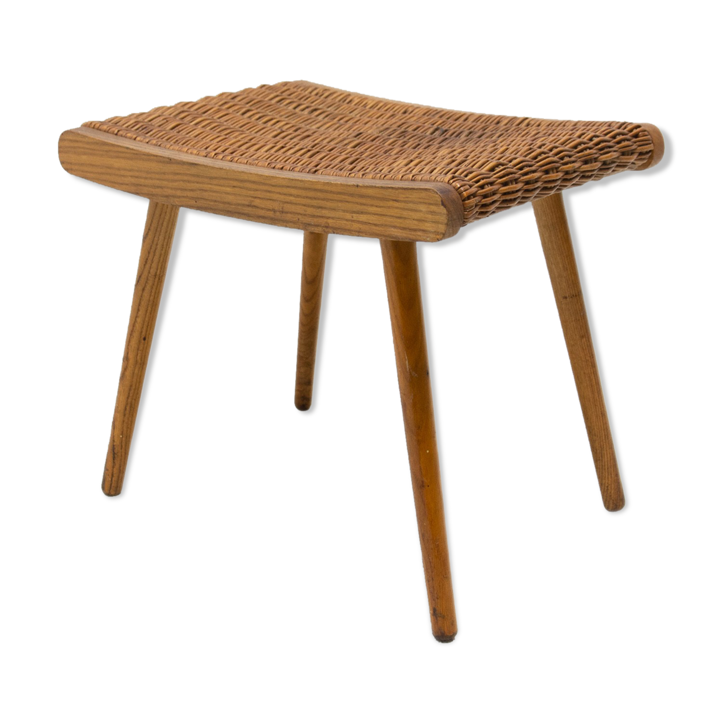 Repose-pied en rotin et hêtre du milieu du siècle par ÚLUV, années 1960, Tchécoslovaquie