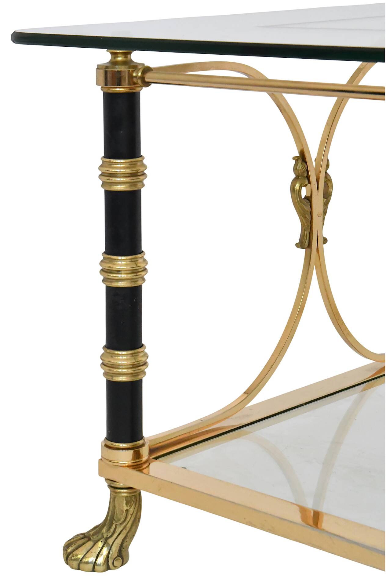 Brass and metal coffee table with two glass tops.