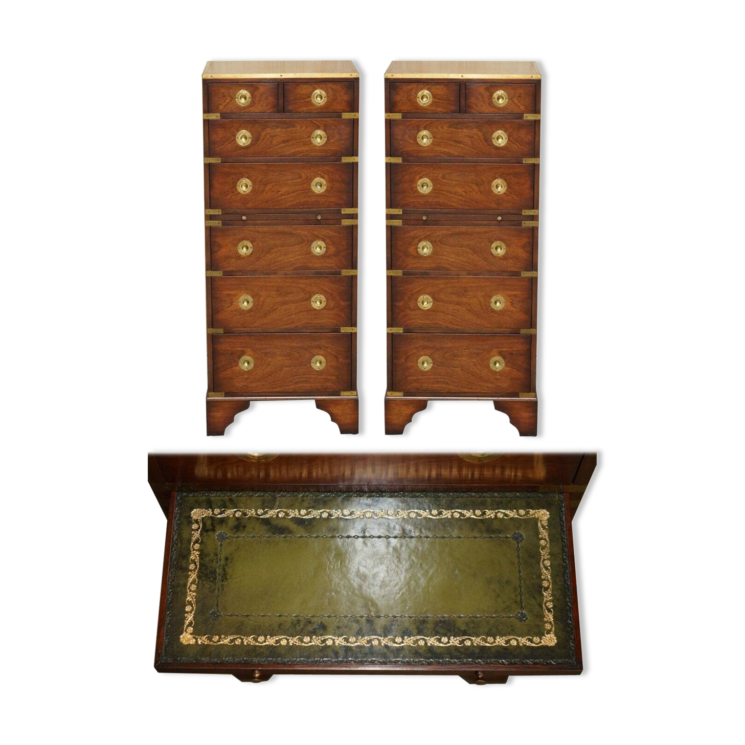 Pair of vintage military campaign high chests of drawers with leather tops.