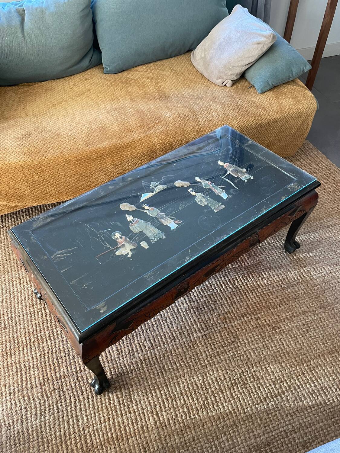 Carved wooden coffee table, Chinese craftsmanship.