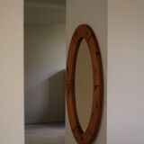 Large oval wall mirror in solid pine by Glasmäster Markaryd, Sweden, 1960s.
