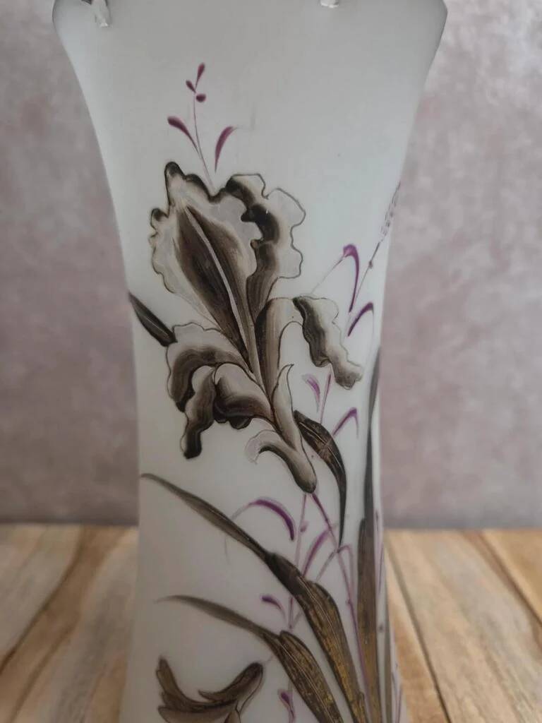 Antique Art Nouveau vase in frosted enamelled glass – iris decoration