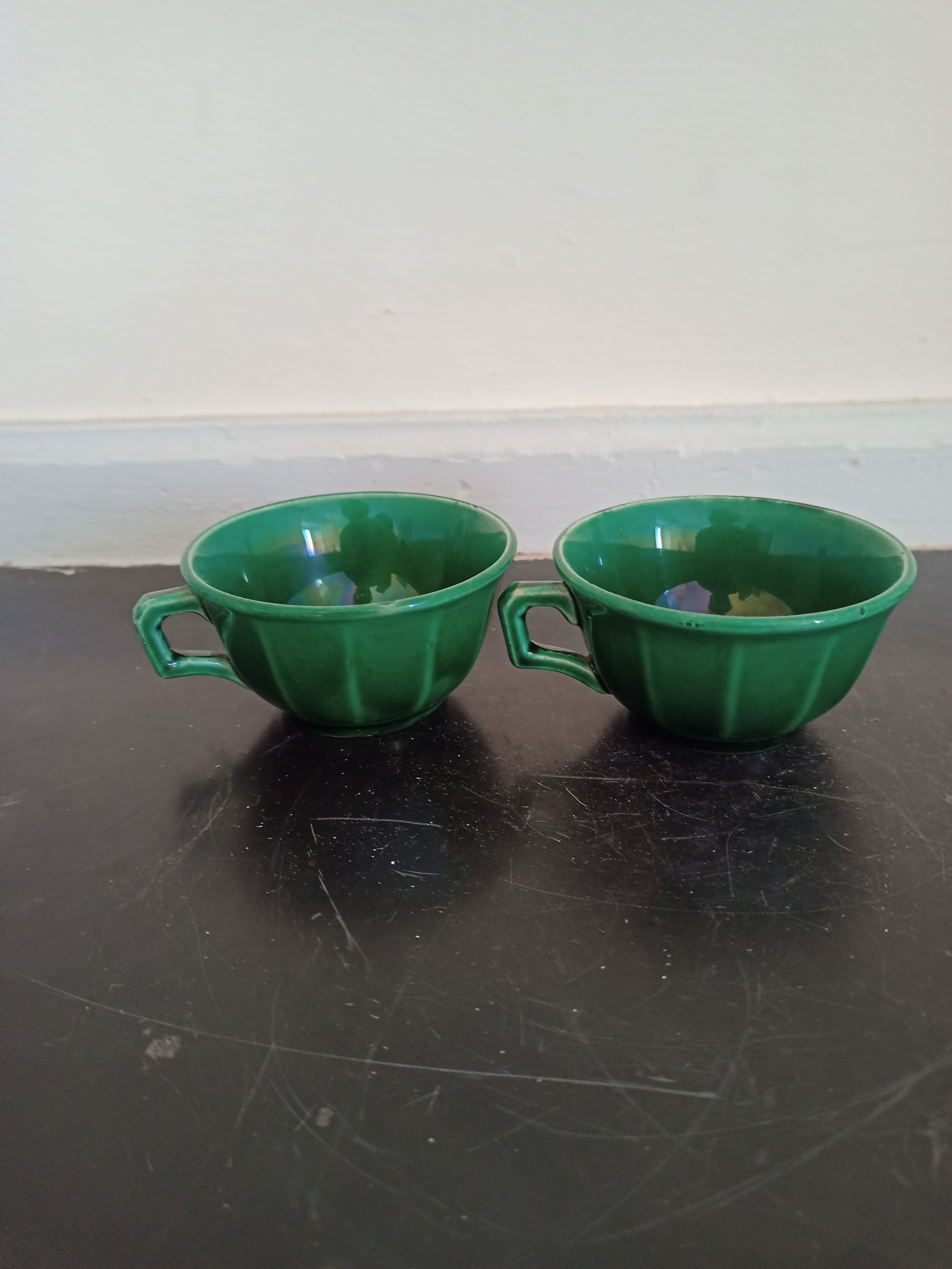 Pair of green ceramic cups K G Lunéville antique