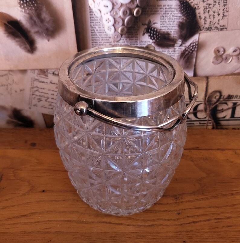 Vintage French barrel-style cut glass ice bucket, decorative metal handle 4506