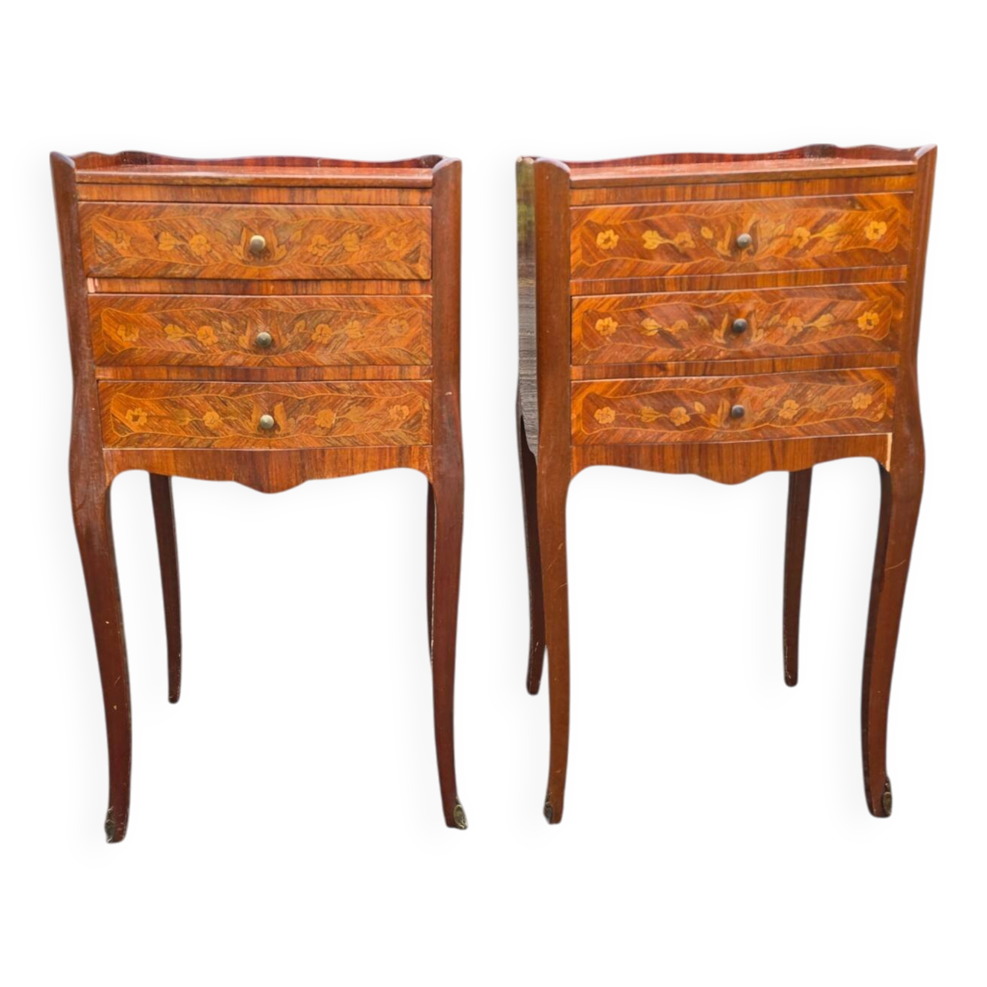 Pair of Louis XV style bedside tables with rosewood marquetry