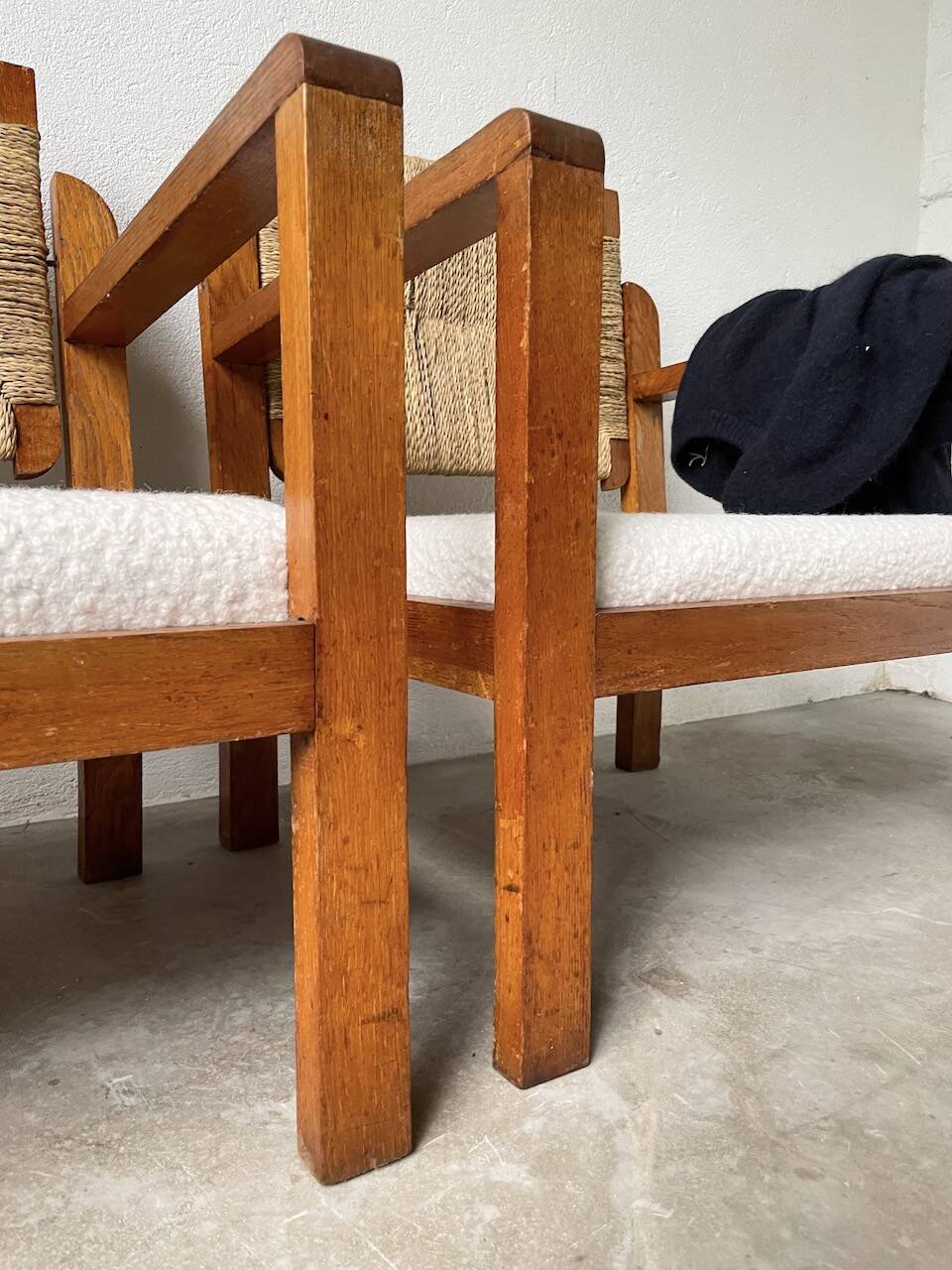 Pair of oak and straw armchairs, reconstruction style