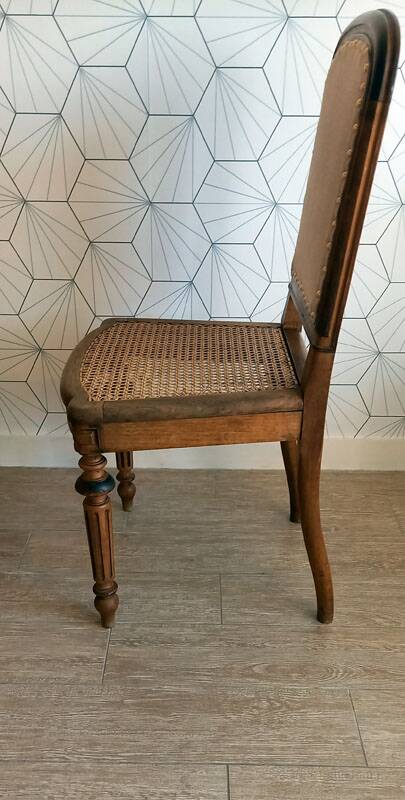 Solid oak art deco chair with cane and fabric.