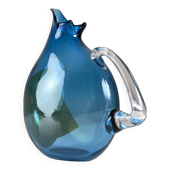 Unique Hand-Blown Glass Jug Signed by 20th Century Artisan – Vibrant Blue