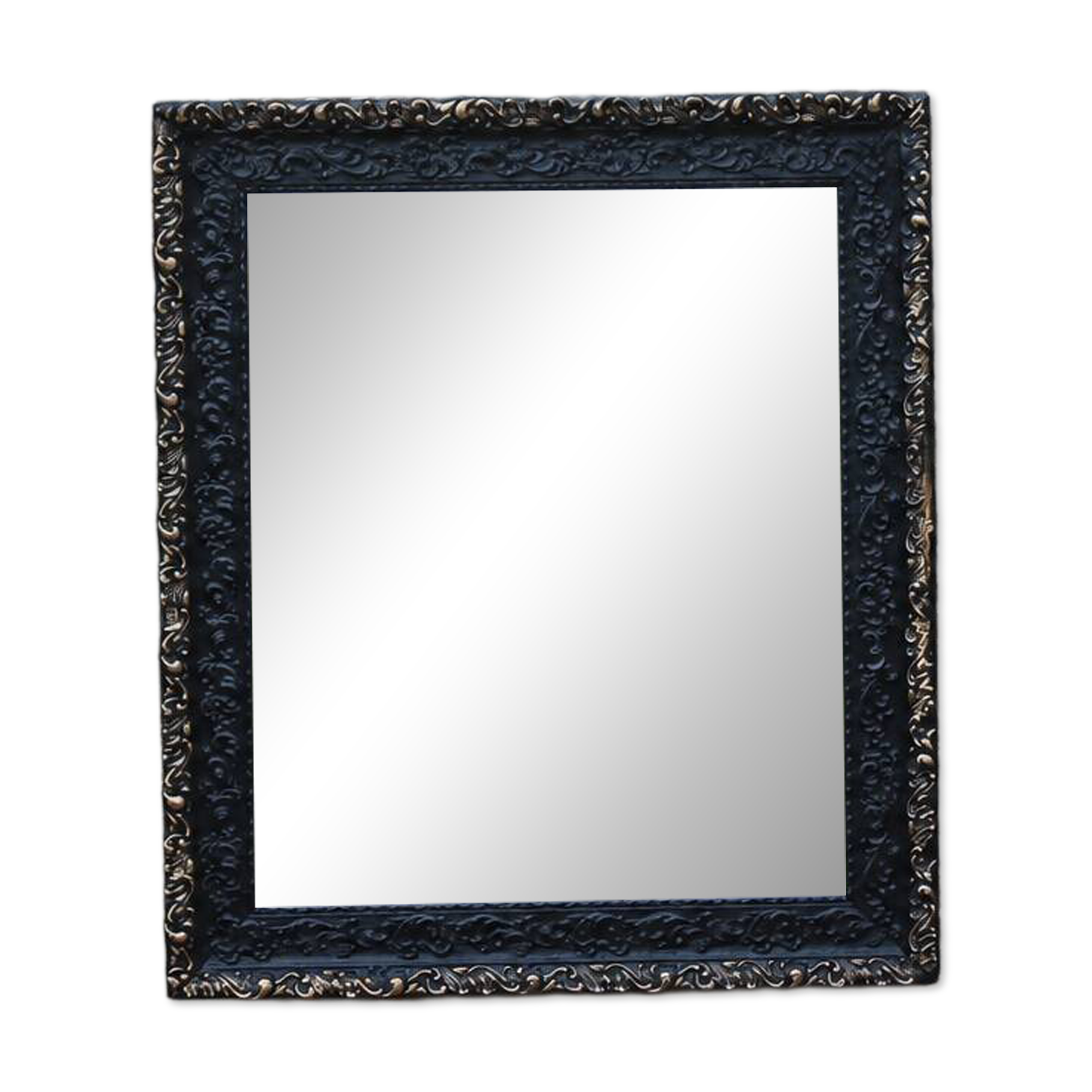 Vintage wooden and stucco mirror in patinated midnight blue with gold – baroque style – 51 ×