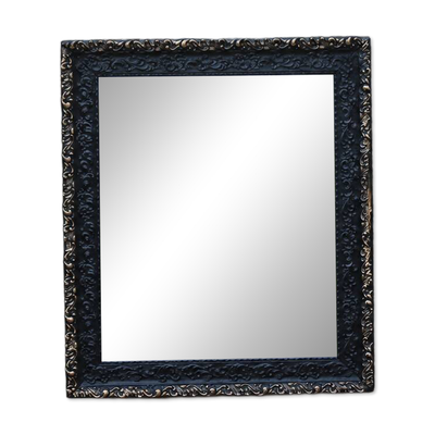 Miroir vintage en bois et stuc bleu nuit patiné doré – style baroque – 51 ×