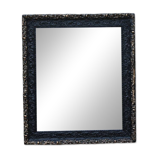 Miroir vintage en bois et stuc bleu nuit patiné doré – style baroque – 51 ×