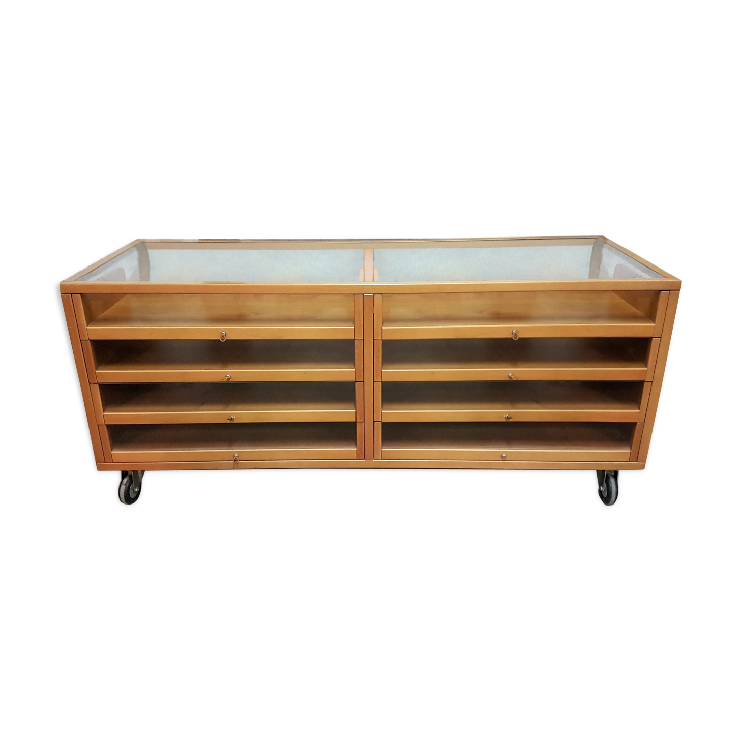 Vintage beech and glass display counter 1970