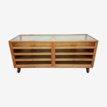 Vintage beech and glass display counter 1970