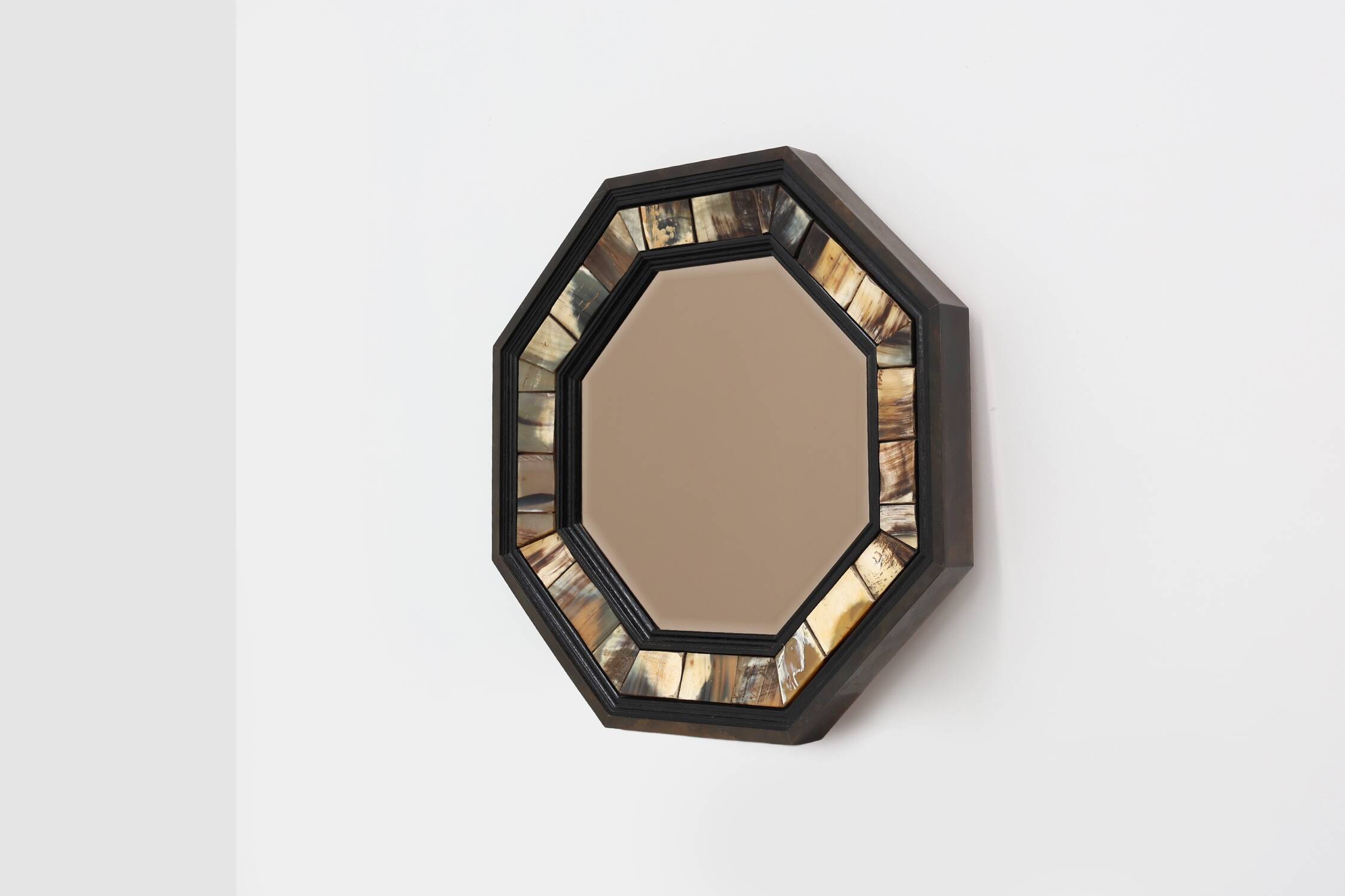 Brass and horn octagonal mirror with horn by Anthony Redmile, UK ca. 1980
