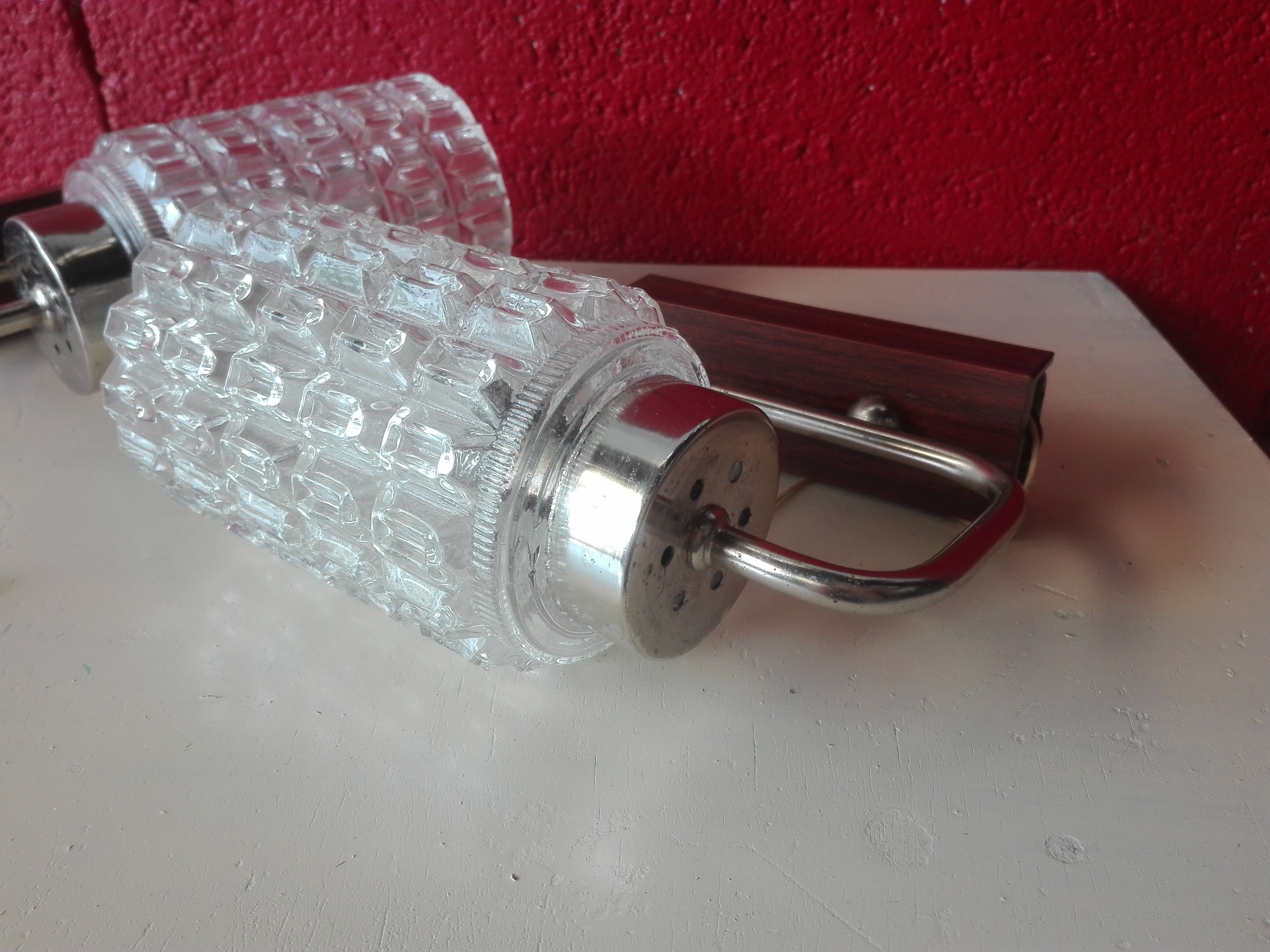 Pair of vintage chrome and glass wall lamps