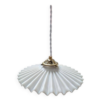 Ancienne abat jour suspension baladeuse en opaline plissée/drapée blanche Art déco 1930 Ø 25.5 cm