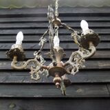 Italian Vintage patinated bronze chandelier with 4 lights with a beautiful wow patina
