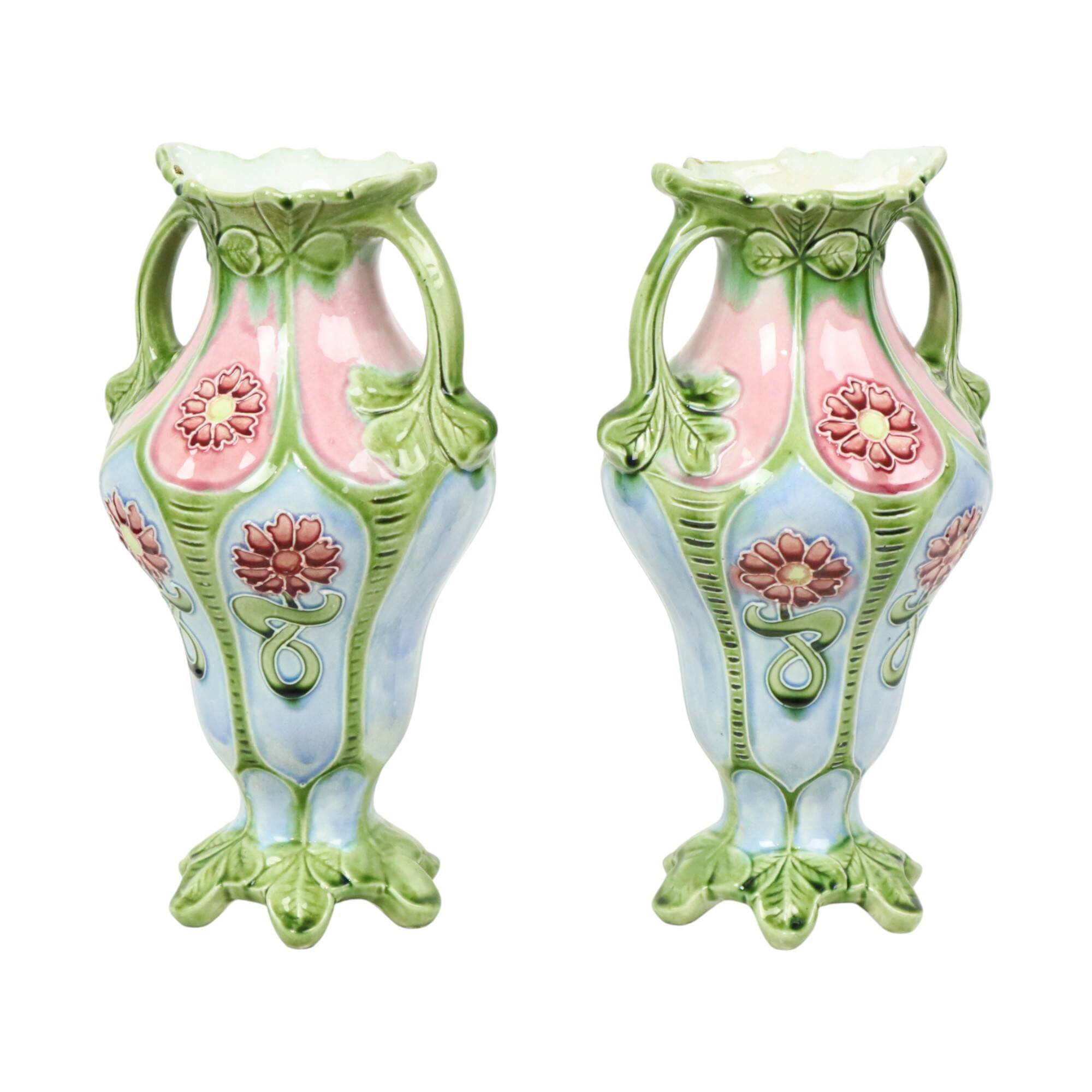French Art Nouveau Majolica Earthenware Vases ca. 1900