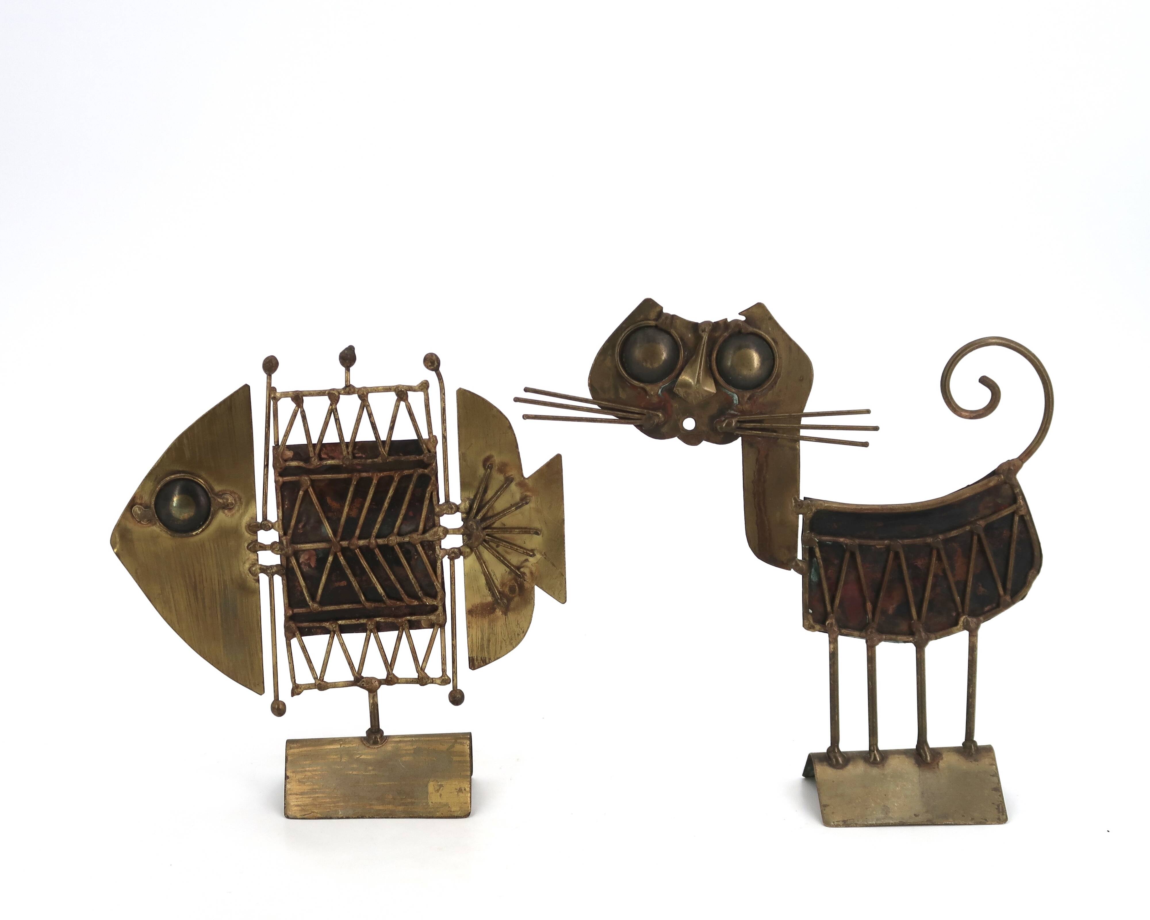 Brutalist sculpture of a cat in copper and brass by JARC, 1950s.