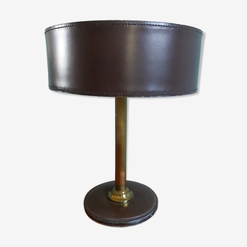 Lampe de bureau en cuir marron et pied en laiton, années 70