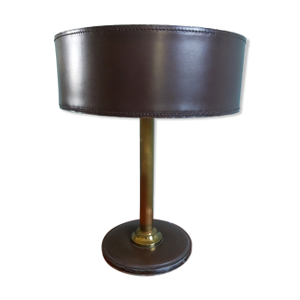 Brown leather desk lamp and brass foot, 70s