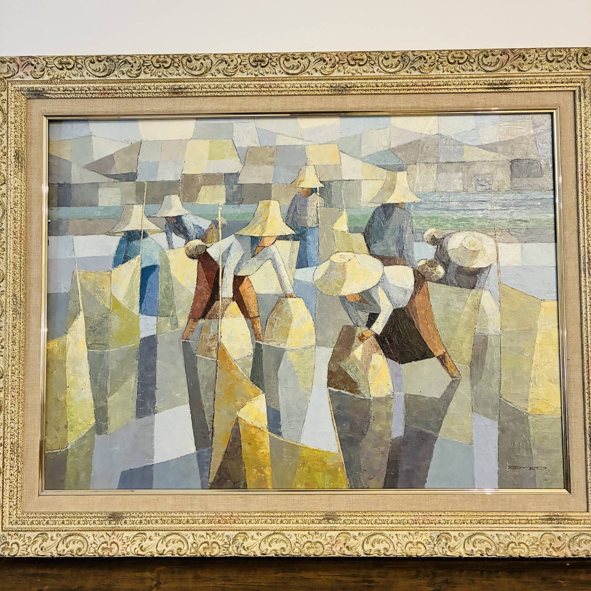 Cubist Oil on Canvas Tableau Rural Scene Asia Saard Thanomwong Signed