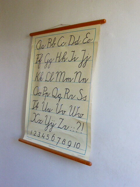 School and pedagogic poster, calligraphy, alphabet, writing method, classic letter 2, on linen, vintage 1960