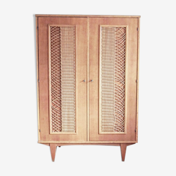 Scandinavian wood and rattan cabinet