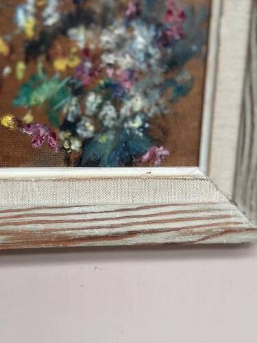 Mid-Century Oil on Panel “Flowers” by Unknown, Vintage & Framed