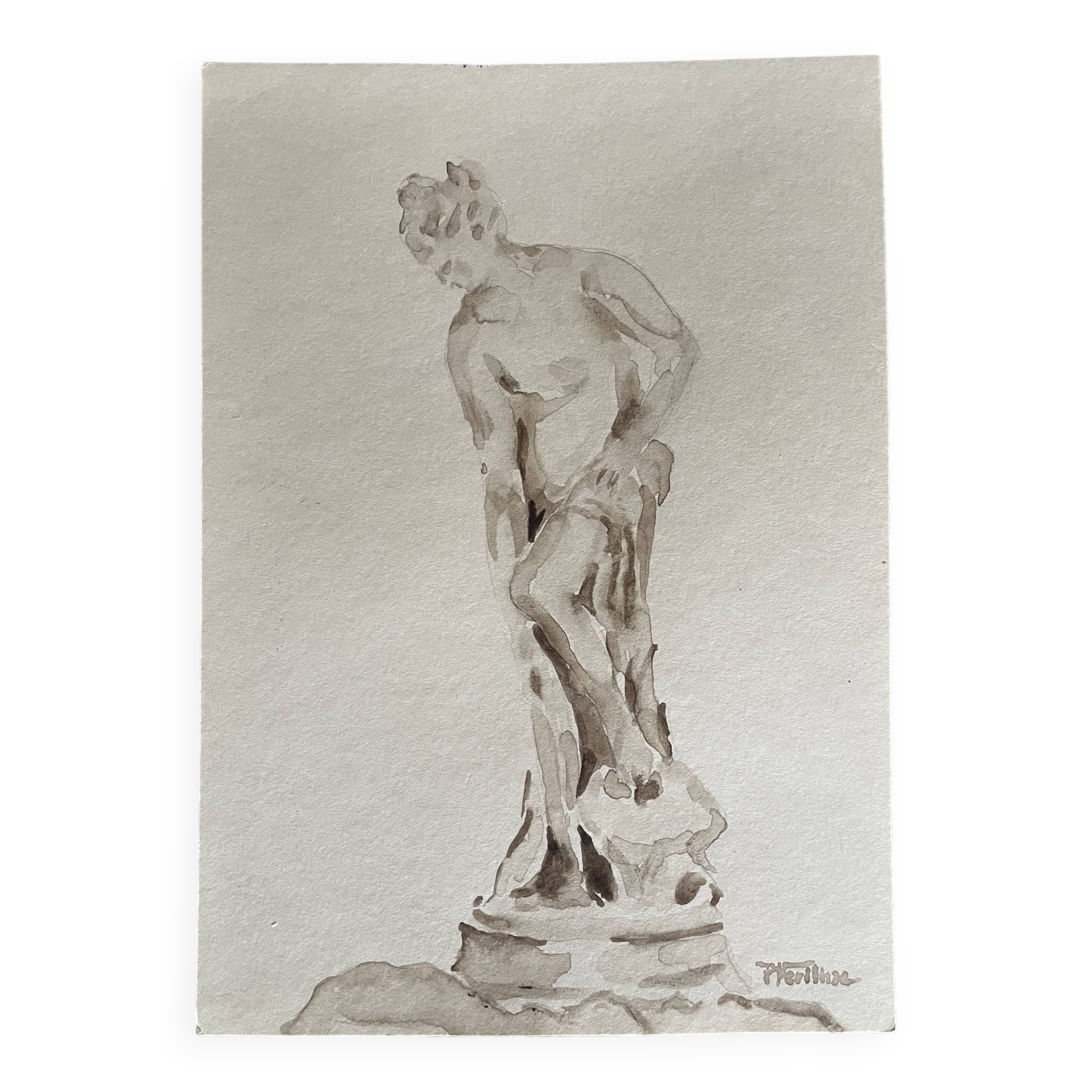 Tableau signé aquarelle monochrome étude dessin statue musée classique « sortie du bain »