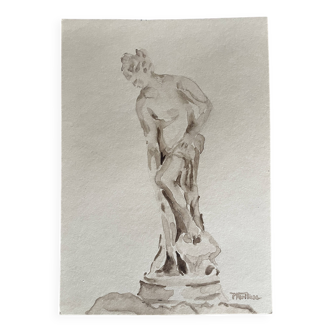 Signed painting monochrome watercolor study drawing statue museum classic "coming out of the bath"