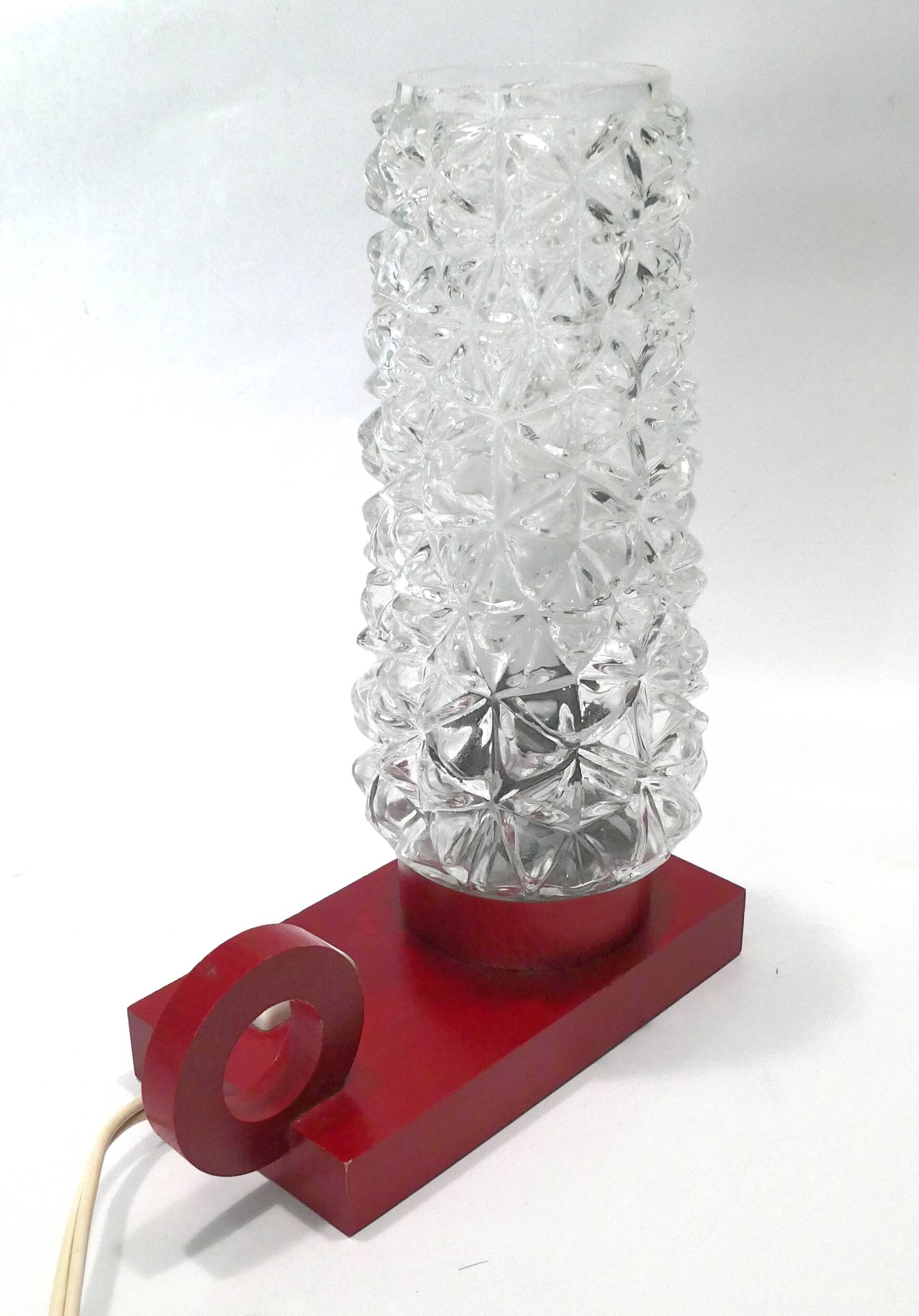 Bedside lamp in red lacquered wood and glass globe from the 1960s-70s