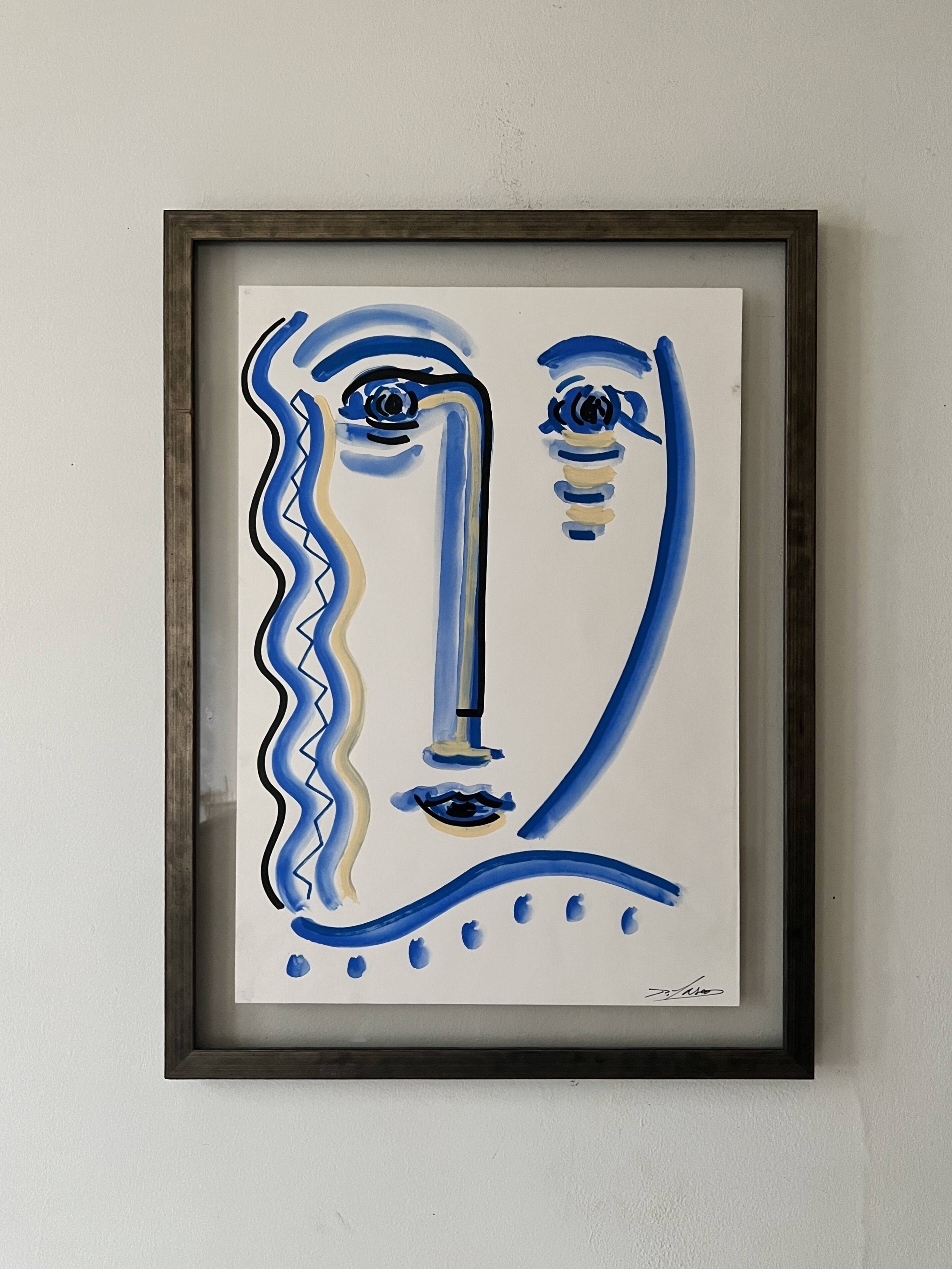 Cubist composition in blue, Vallauris style, signed Blasos.