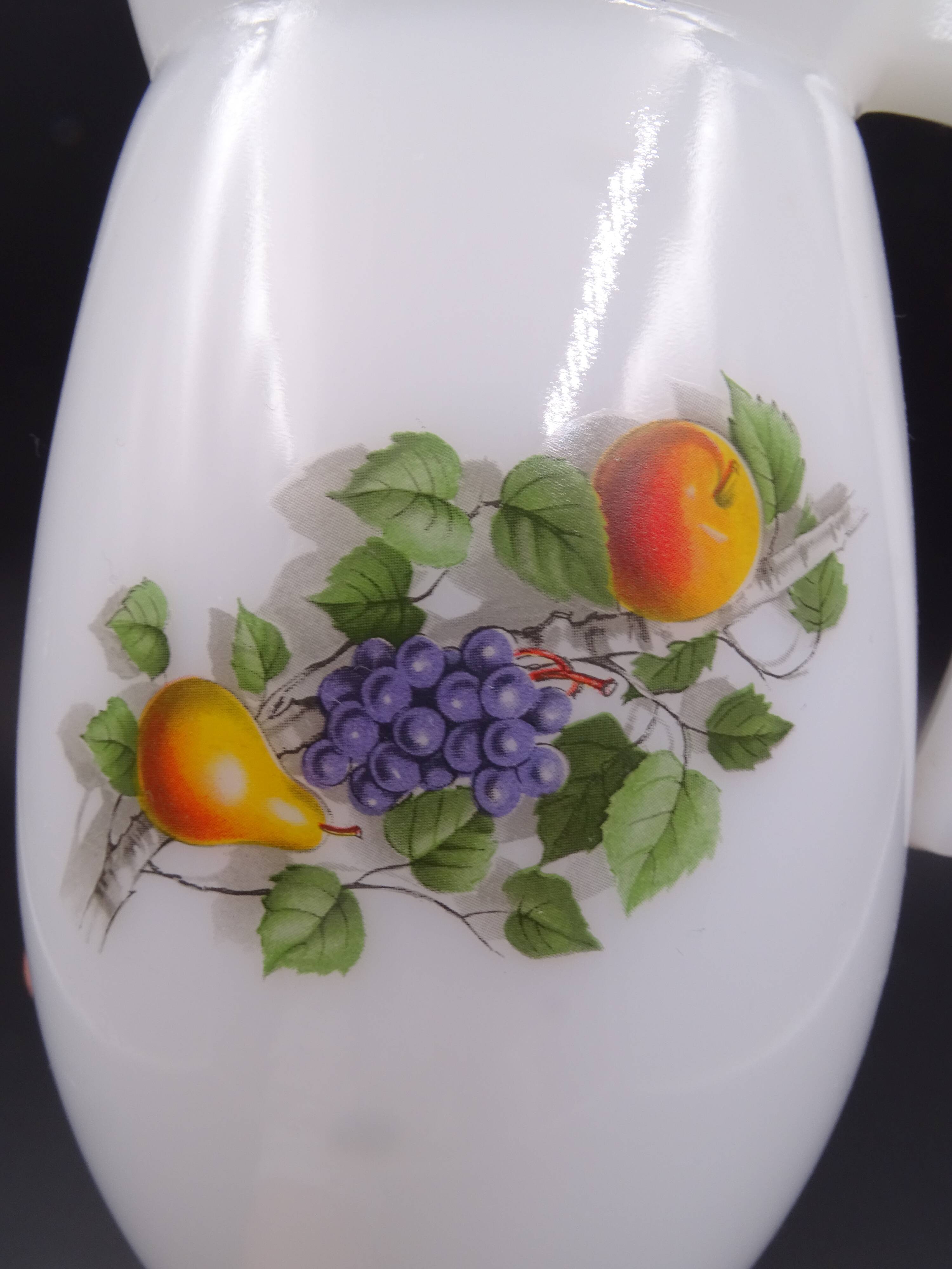 Pitcher or broc in opaline Arcopal fruit décor 1970