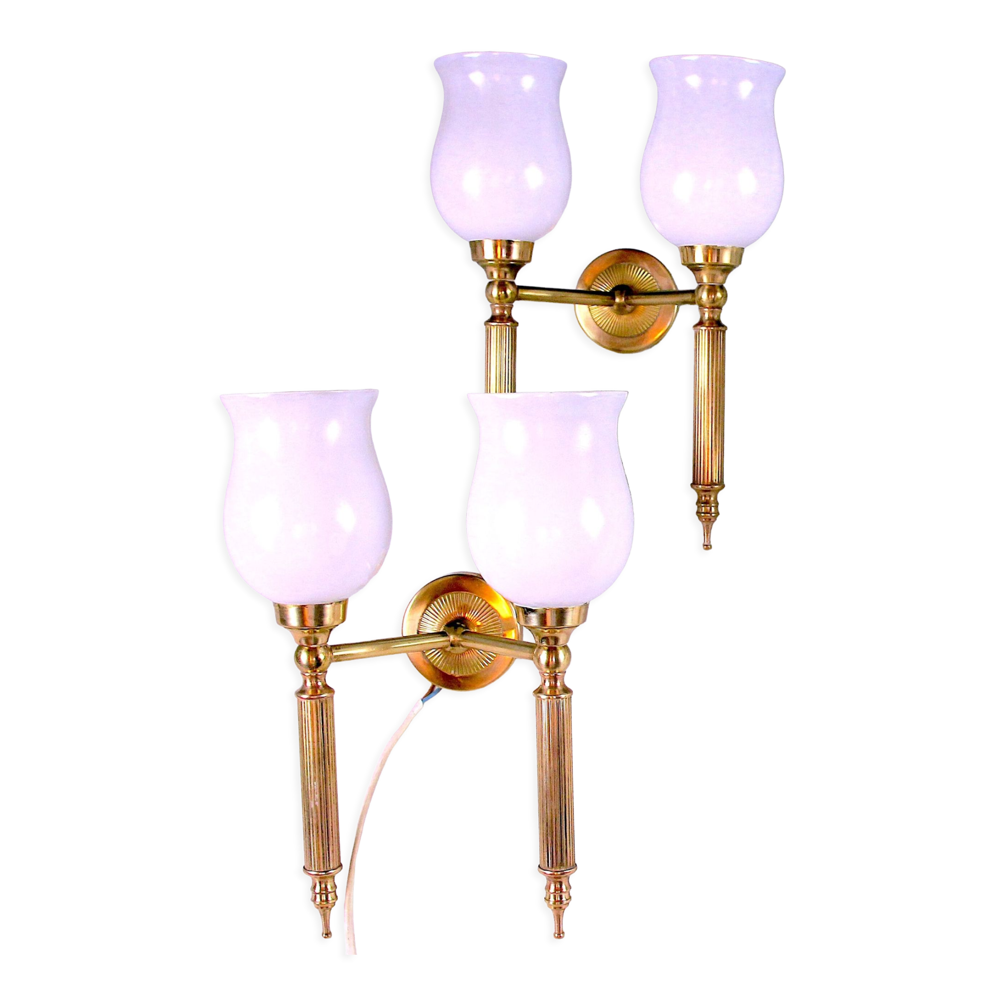 Pair, Neo-Classic Wall Sconces, with Original Tulip Opaline, Maison Jansen France Mid-Century