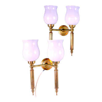 Pair, Neo-Classic Wall Sconces, with Original Tulip Opaline, Maison Jansen France Mid-Century