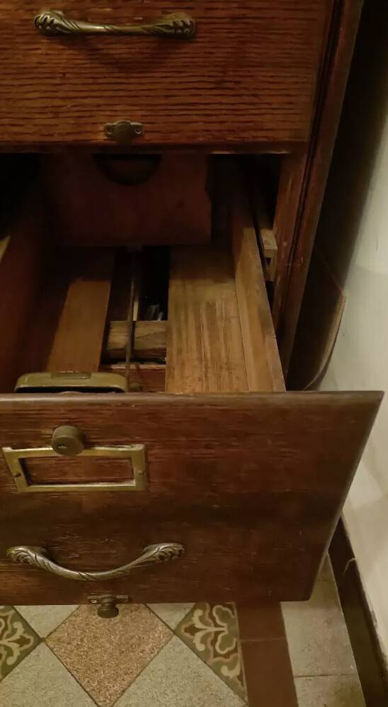 Antique column piece of furniture, oak notary drawer unit.