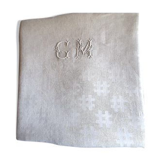 Damask tablecloth monogrammed GM, 1m55 x 2m90