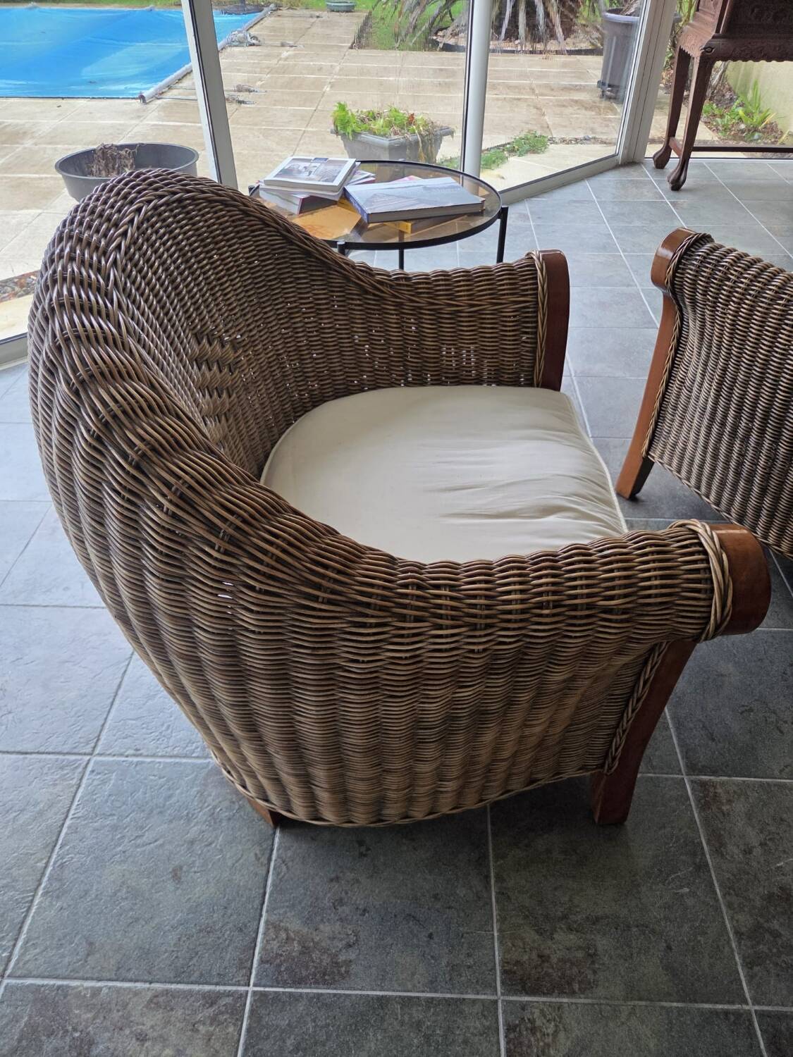 2 contemporary rattan armchairs