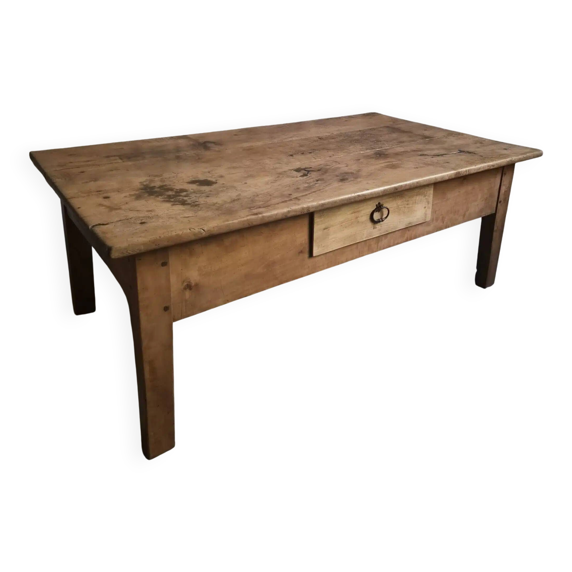 Antique cherry coffee table, rustic farmhouse table with drawer, circa 1750–1800.