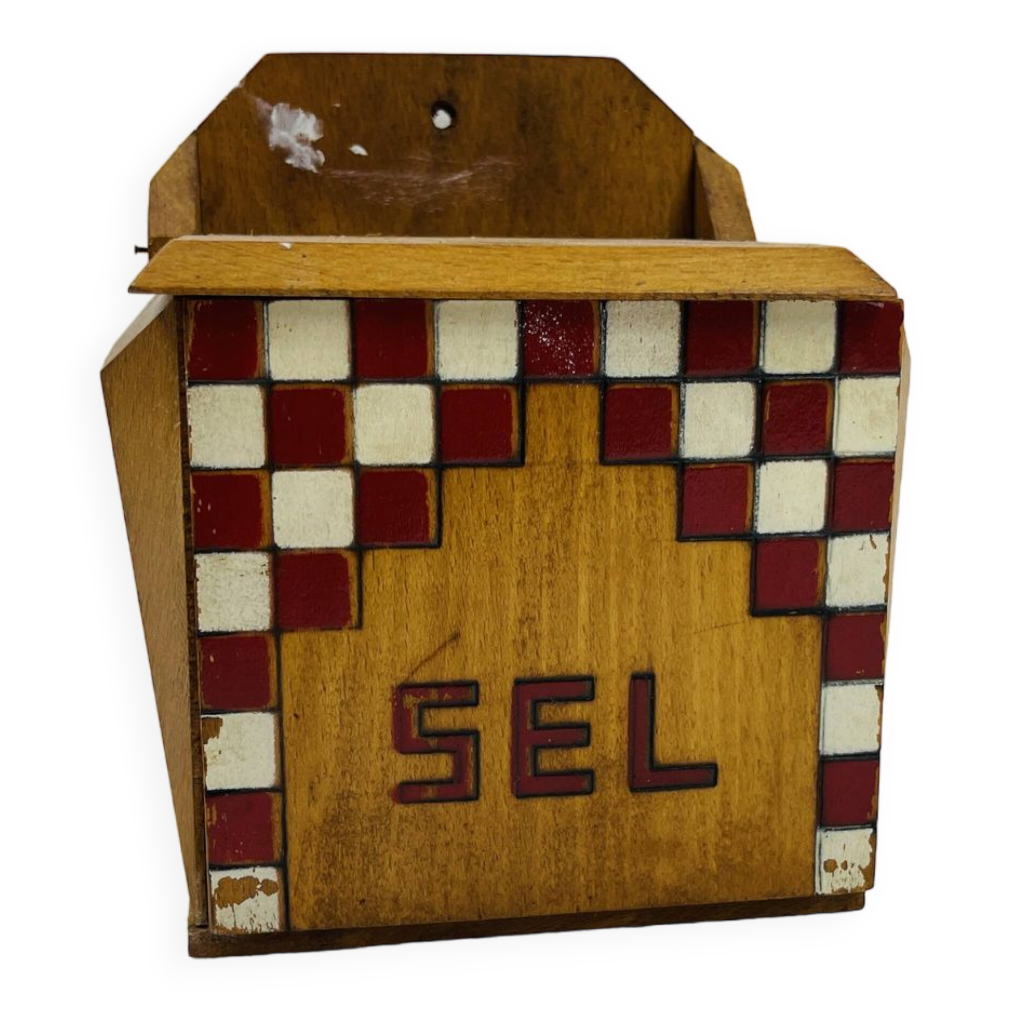Old wooden salt box with red and white checkerboard decoration