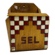 Old wooden salt box with red and white checkerboard decoration