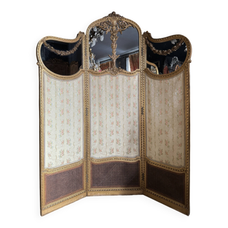 Paravent à 3 feuilles de la fin du xixe en bois doré et sculpté de style louis xvi