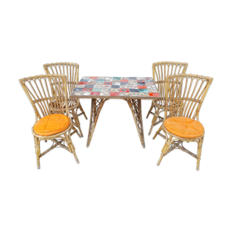 Table à manger et ses 4 chaises rotin années 50