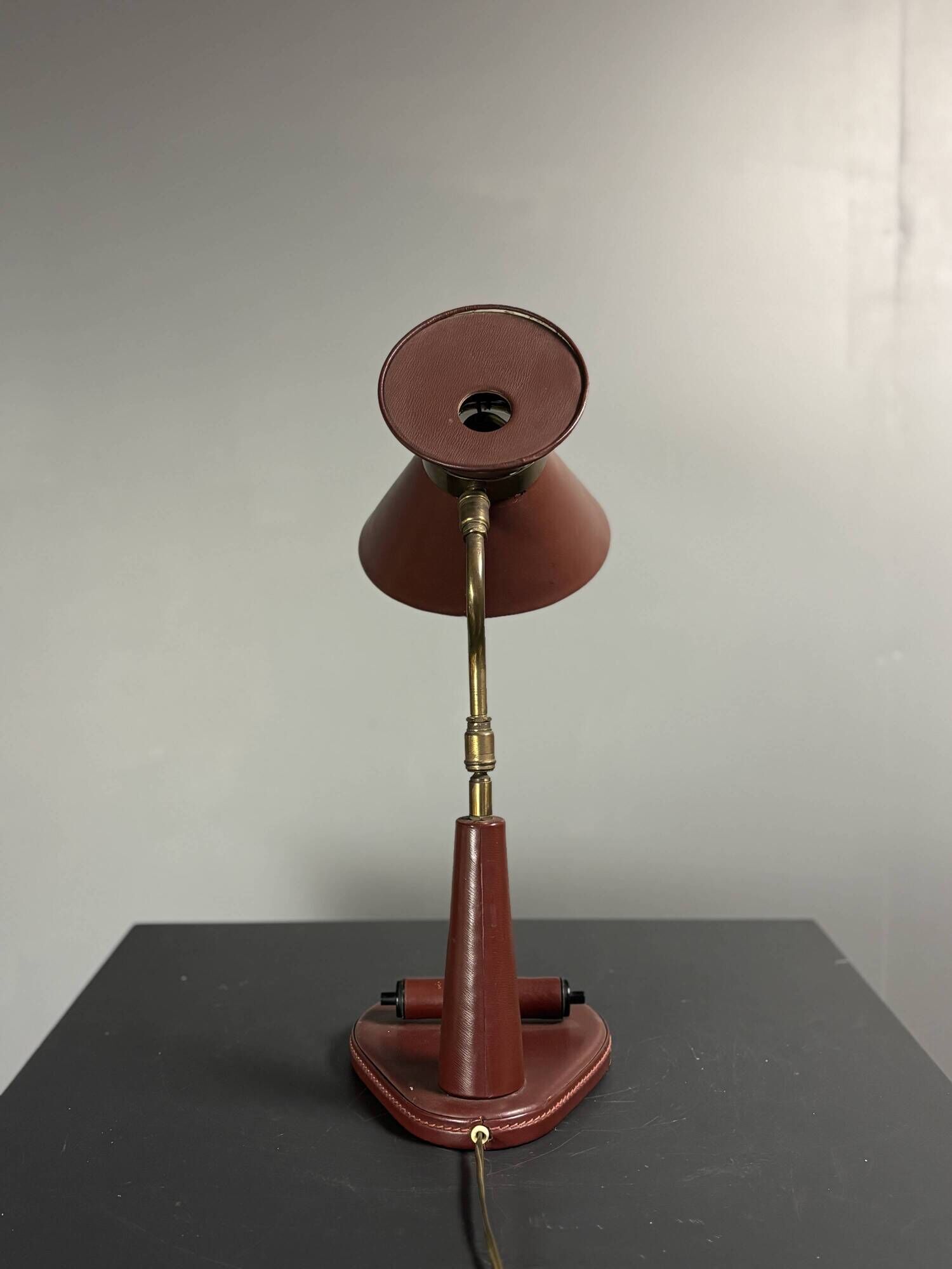 Midcentury leather wrapped French desk lamp style of Jacques Adnet, 1950s
