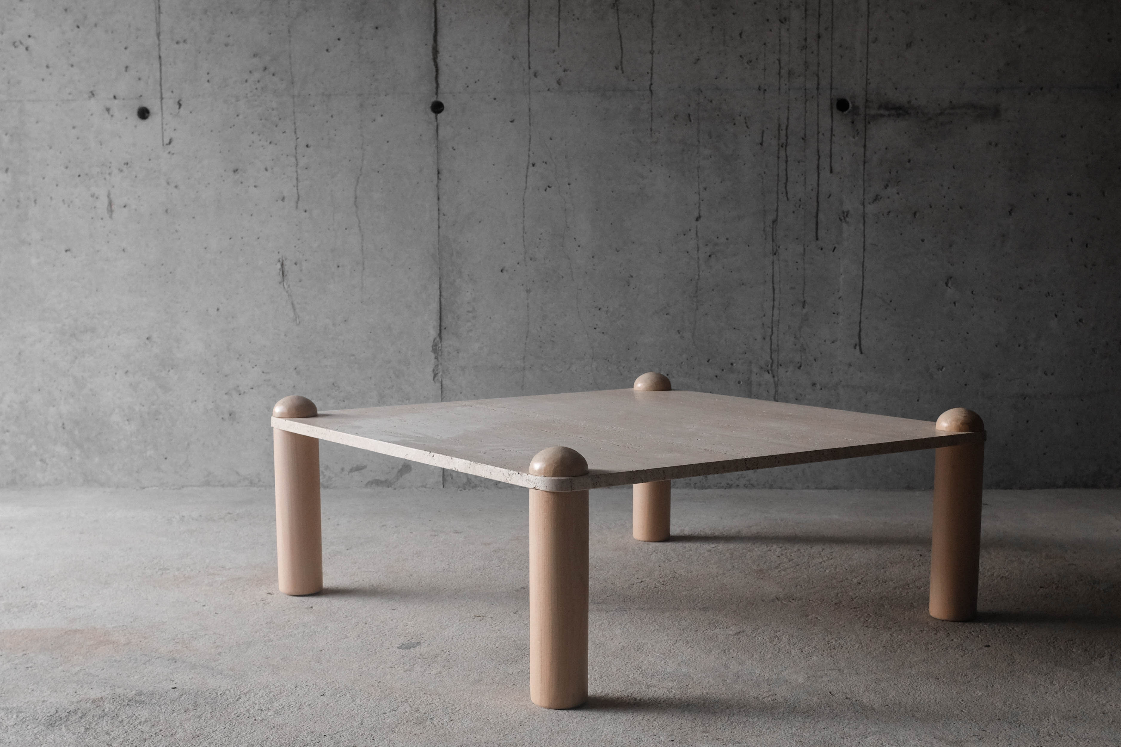 Square bass table in travertine and solid wood - 70s