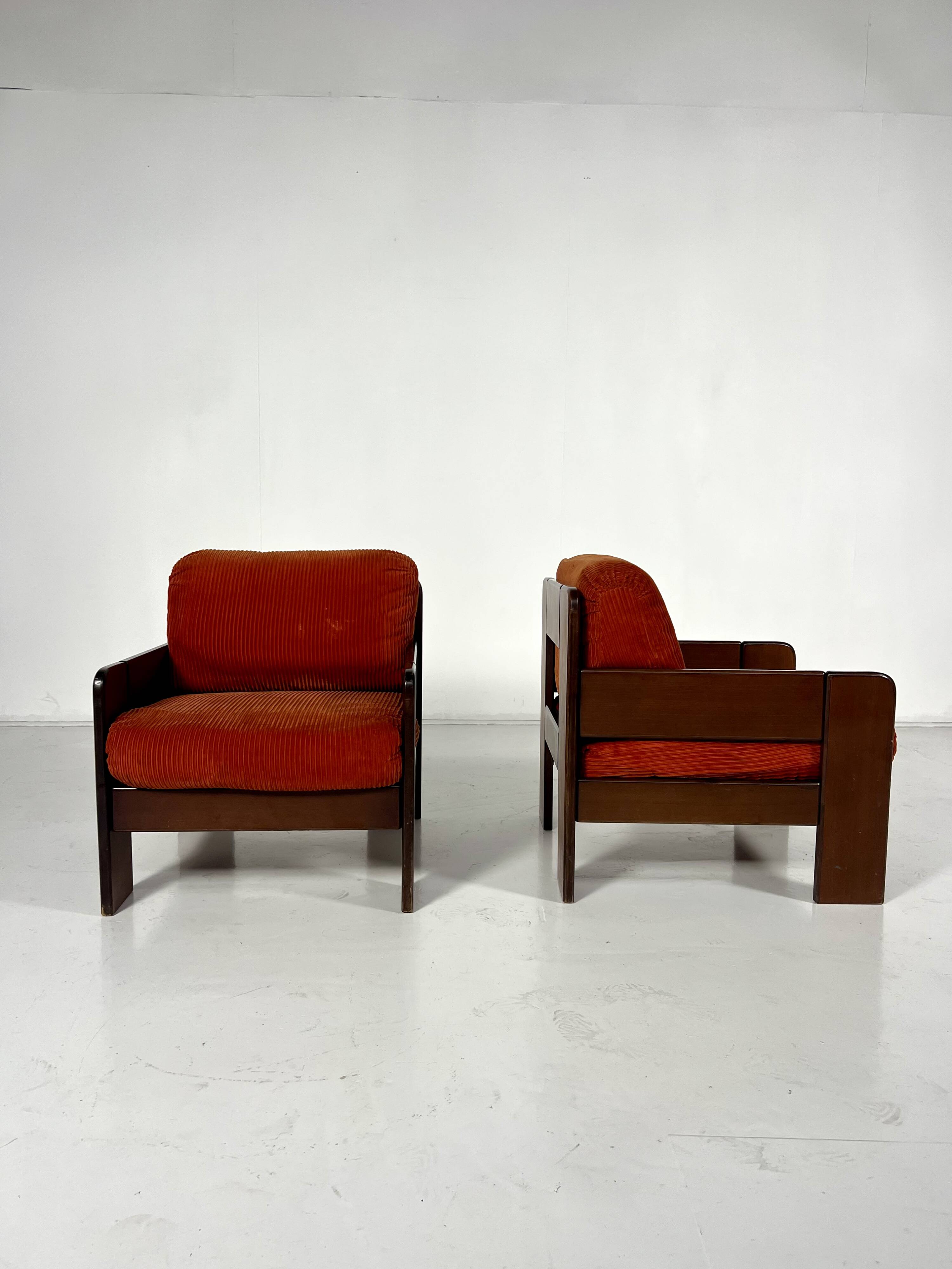 Mid-Century Armchairs, Original Orange Velvet, Italy, 1970s