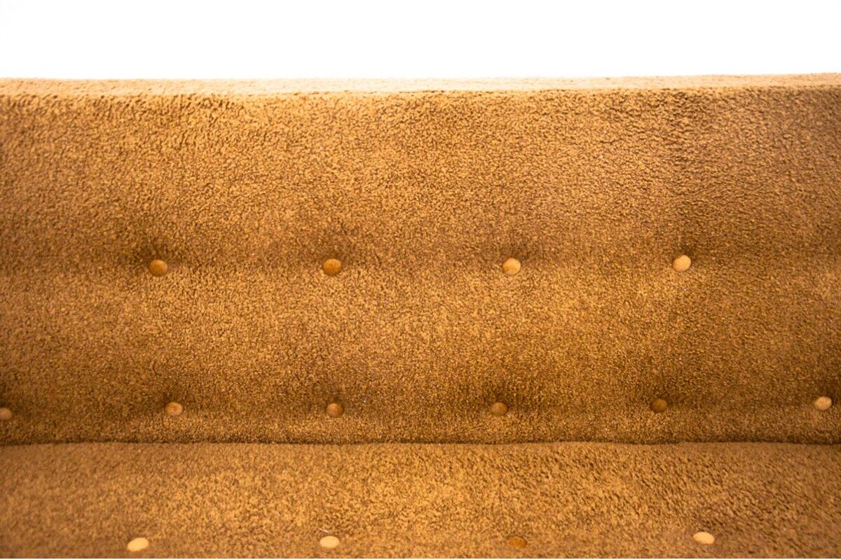 Midcentury modern yellow fabric bouclé sofa, Denmark, 1960s. After restoration.