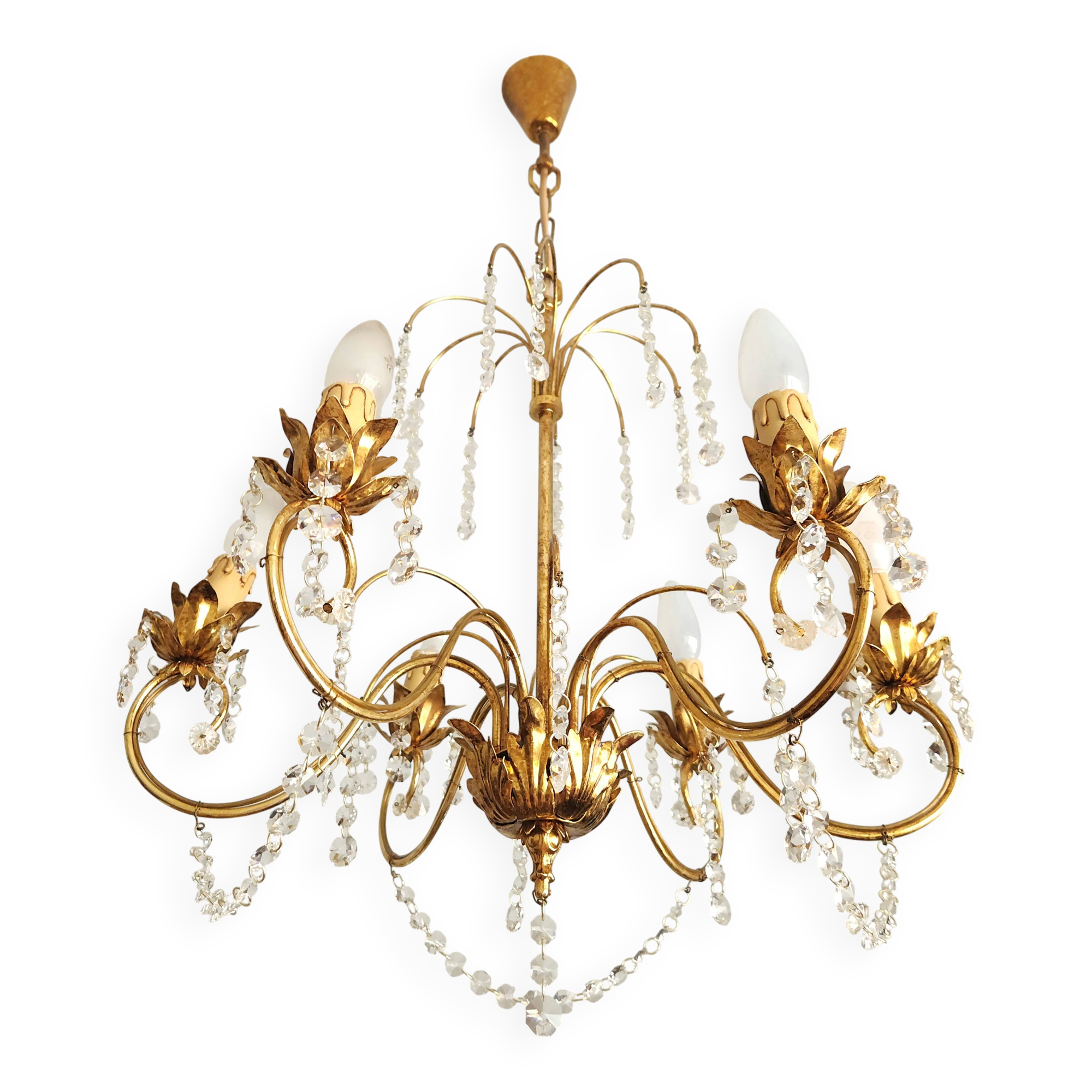 Messing doré lustre à 6 lumières lampe cristal cascade 1950-1970