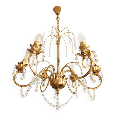 Messing vergoldé lustre à 6 lumières lampe cristal cascade 1950-1970